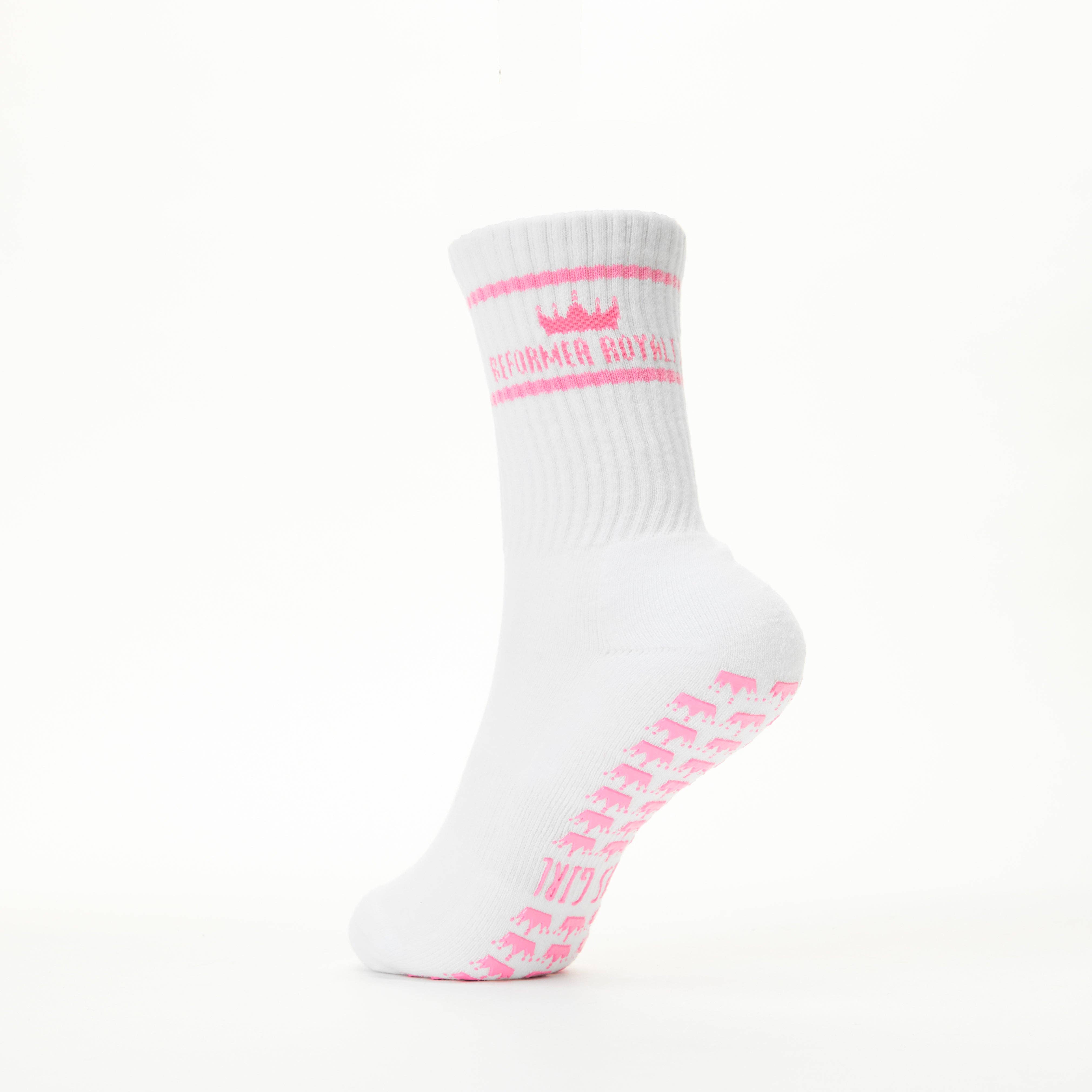 White Reformer Royalty Pilates Grip Socks for wholesale on Faire10