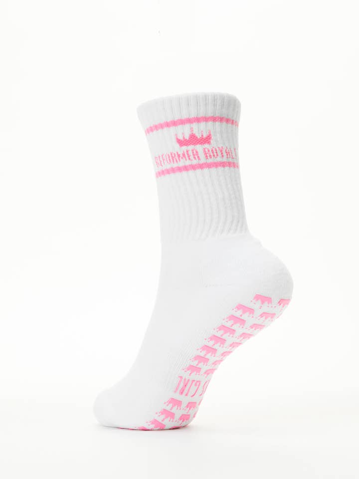 White Reformer Royalty Pilates Grip Socks for wholesale on Faire10