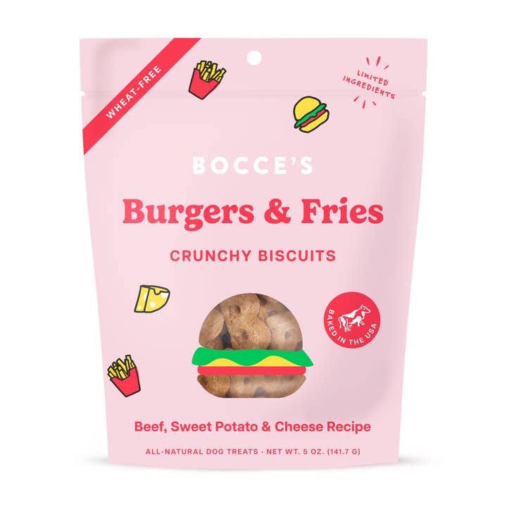 Pet Palette Distribution - Wholesale Pet Treats - Dog - Bocce's Bakery Burgers & Fries Biscuit Dog Treats 5oz