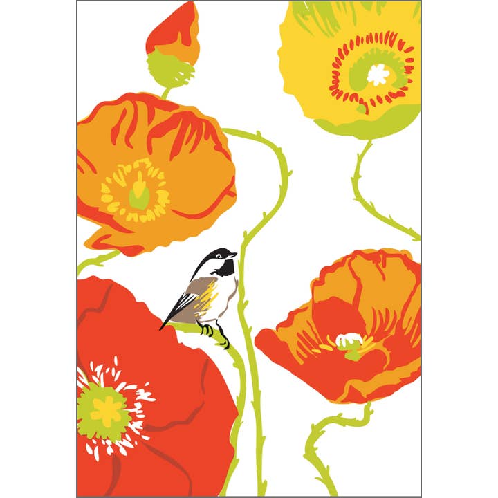 Chickadee & Poppies Eco Art Print: Bird and Flowers for wholesale by Rigel Paper