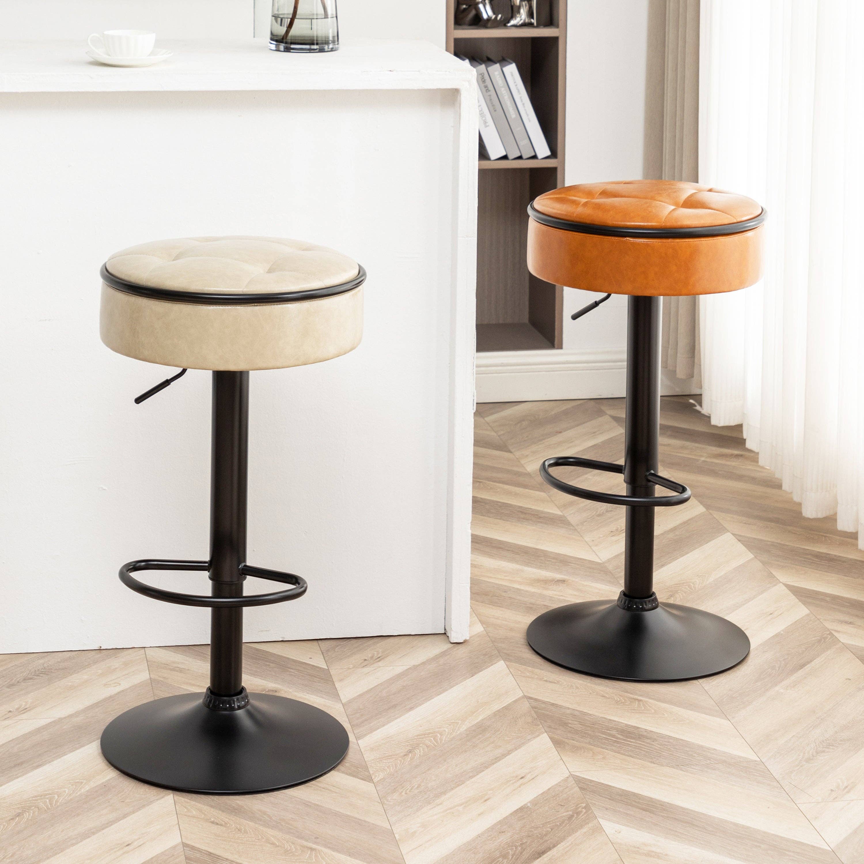 Orange County Decor - Wholesale Stool - Round Storage Bar Stool Set Of 2, Khaki Faux Leather Height Adjustable Barstool, 360 Counter Height Swivel Stool, Armless Bar Chair With Metal Frame For Kitchen Counter Dining Living Room Khaki Set38