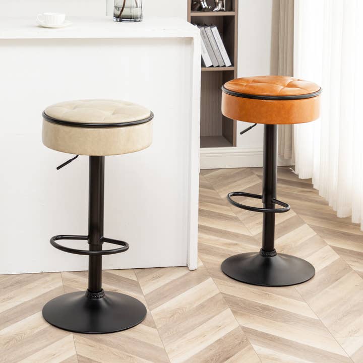 Orange County Decor - Wholesale Stool - Round Storage Bar Stool Set Of 2, Khaki Faux Leather Height Adjustable Barstool, 360 Counter Height Swivel Stool, Armless Bar Chair With Metal Frame For Kitchen Counter Dining Living Room Khaki Set38