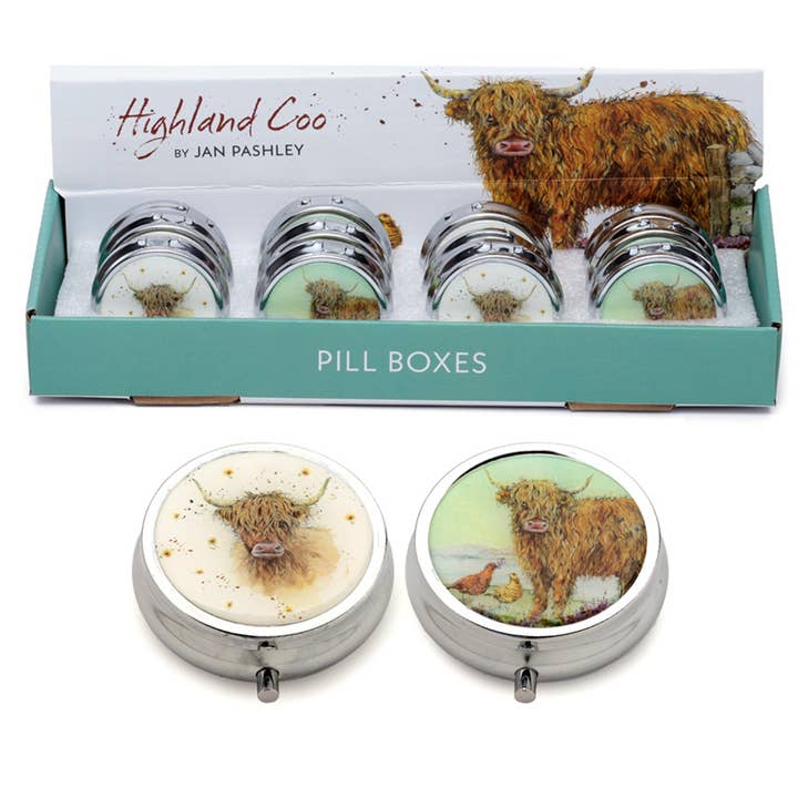 Jan Pashley Highland Coo Cow Pill Box for wholesale by Puckator Ltd