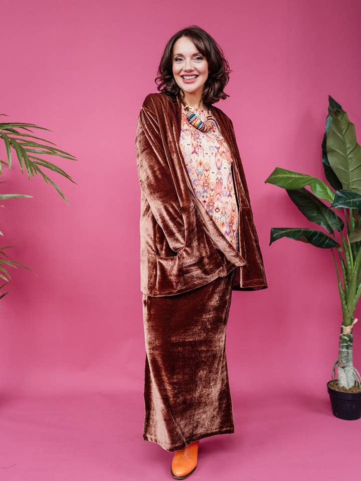 Maxi Velvet Side Split Skirt in Chocolate for wholesale by Megan Crook Textiles