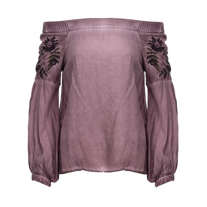 Naked Zebra Rack - Wholesale Blouse - Women's - Embroidered Off Shoulder Pigment Dyed Blouse0
