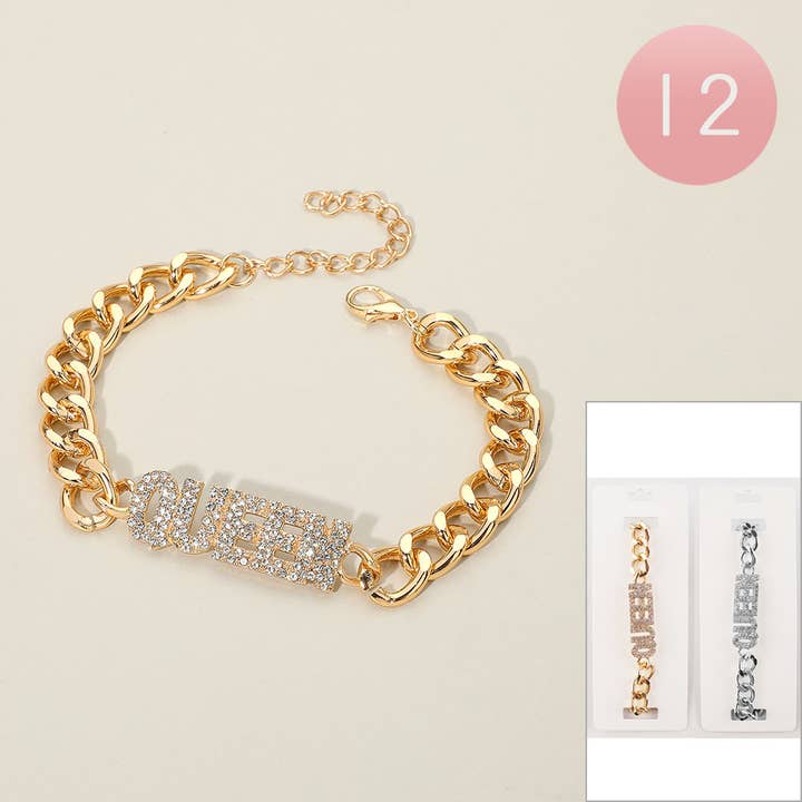 12PCS - Bracelets à chaîne audacieuse pavés de pierres scintillantes avec message Queen pour la vente par Sensibling Corp.
