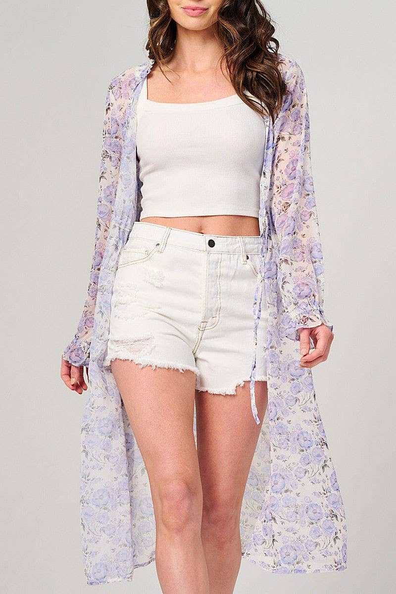 ELFENBEN LÅNGÄRMAD SJÄLVBAND FLORAL KIMONO för wholesale på Faire1