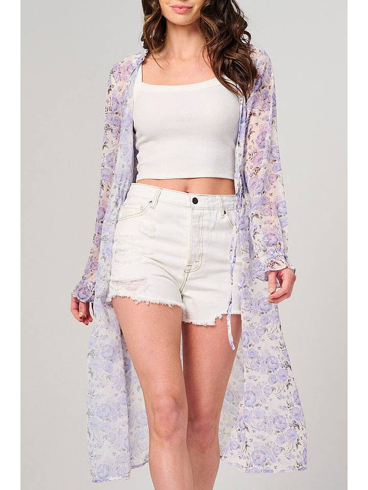 ELFENBEN LÅNGÄRMAD SJÄLVBAND FLORAL KIMONO för wholesale på Faire1