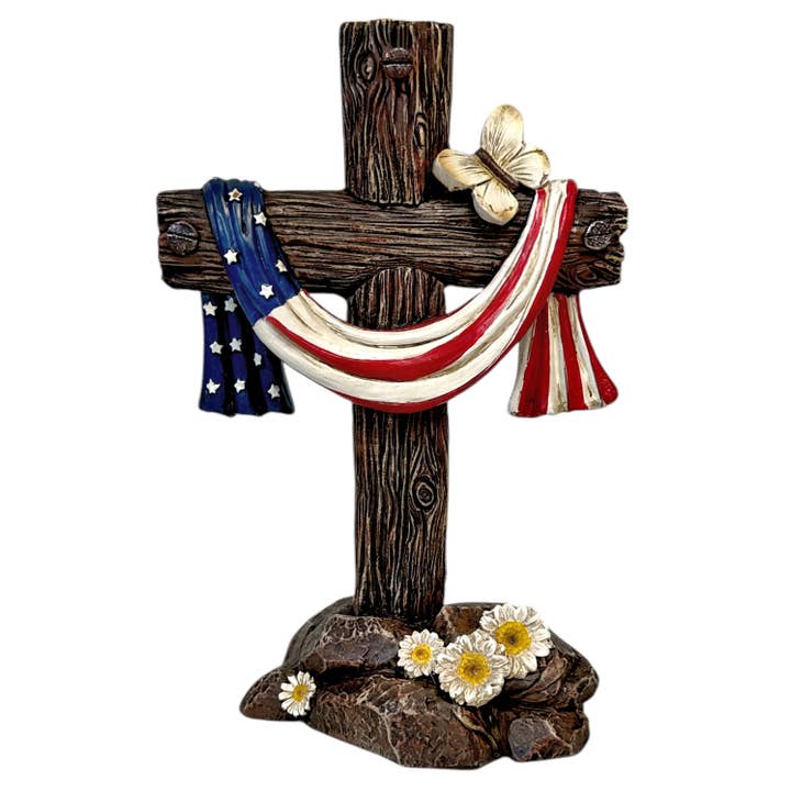 Croix de table religieuse avec drapeau américain drapé et papillon pour la vente par De Leon Collections