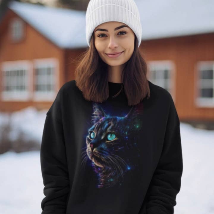 Upside Down Owl Farm - Wholesale Screen Printed T-Shirt - Women's - Striking Black Cat Galaxy Shirt, Cat Shirt or Sweatshirt