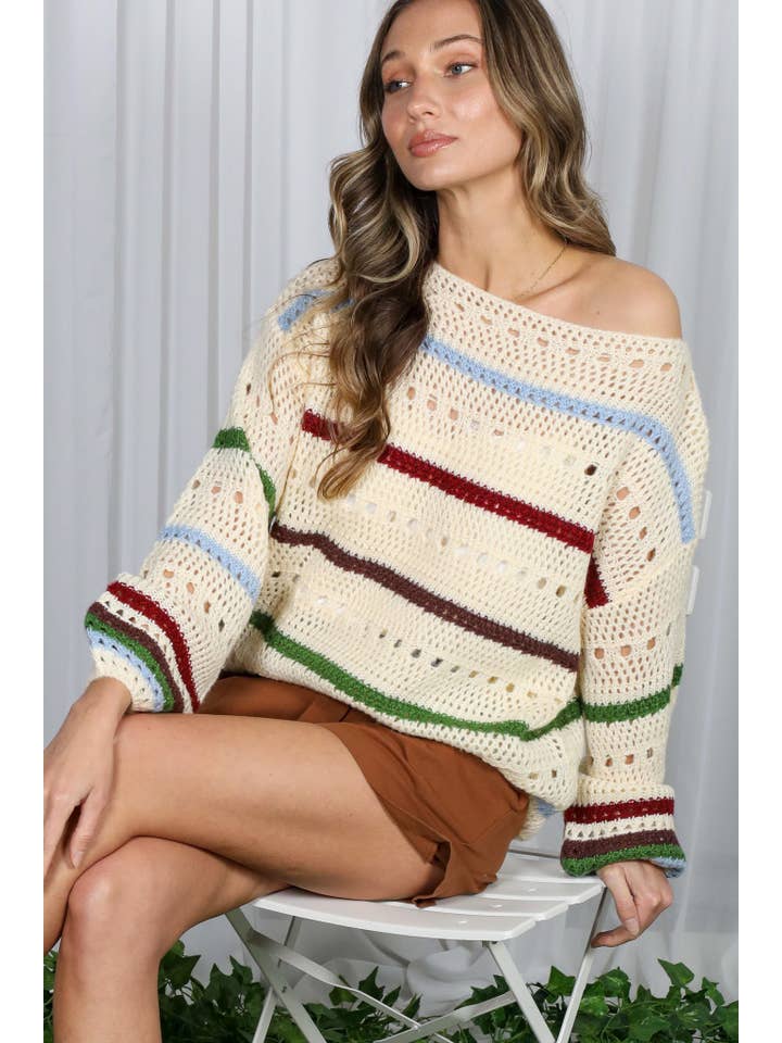 Multi Top de suéter de punto de crochet a rayas multicolor VT81238A- de venta al por mayor en Faire4