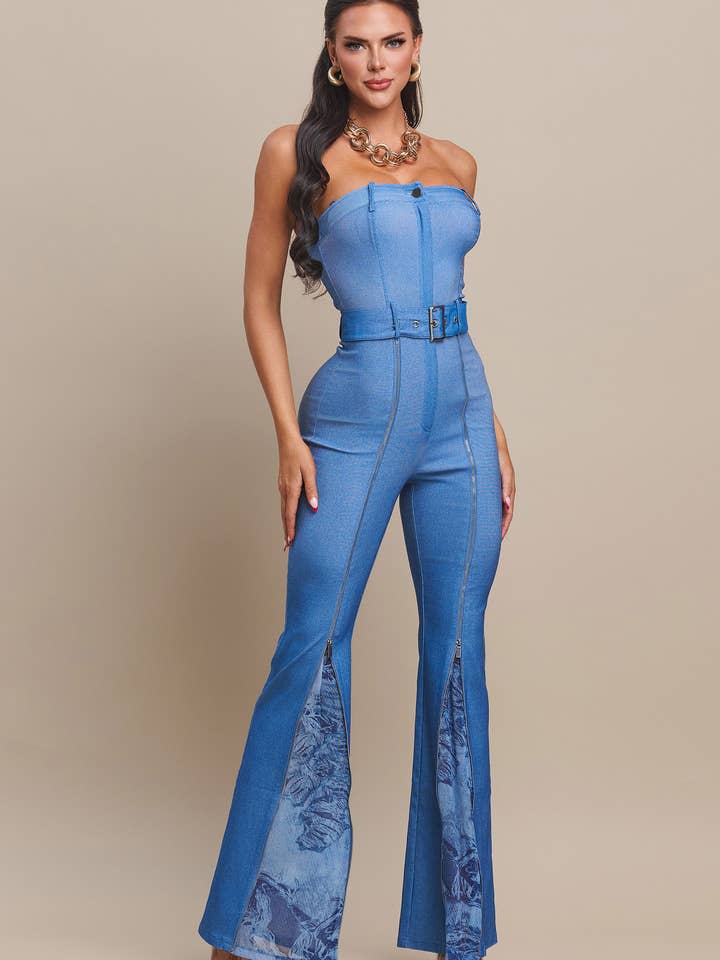 Mono vaquero sin tirantes con cinturón para venta al por mayor de J2 FASHION