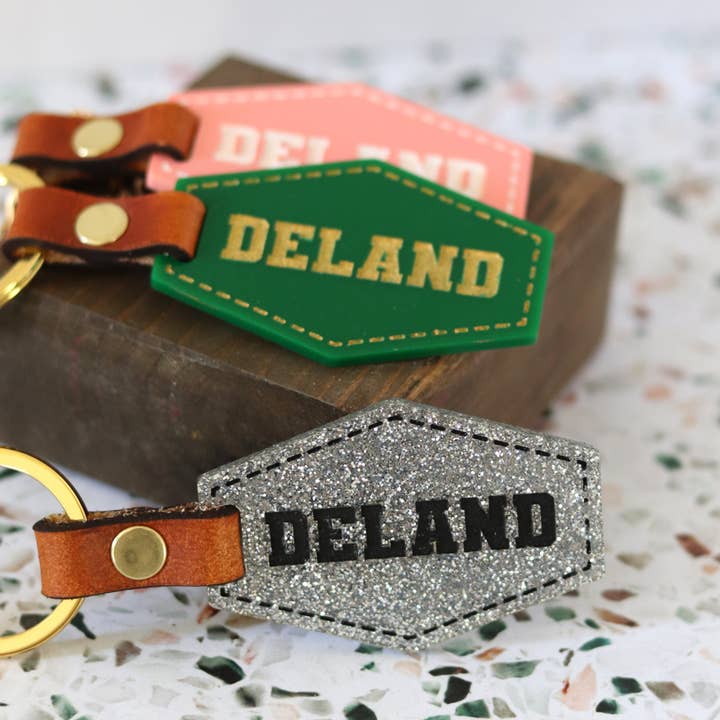 Custom Acrylic City Keychain - Varsity Font for wholesale by Florida Leather Co