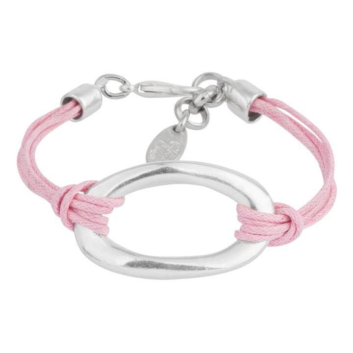 Silver bracelet with central silver rose and pink cord for wholesale by Gloria Mago