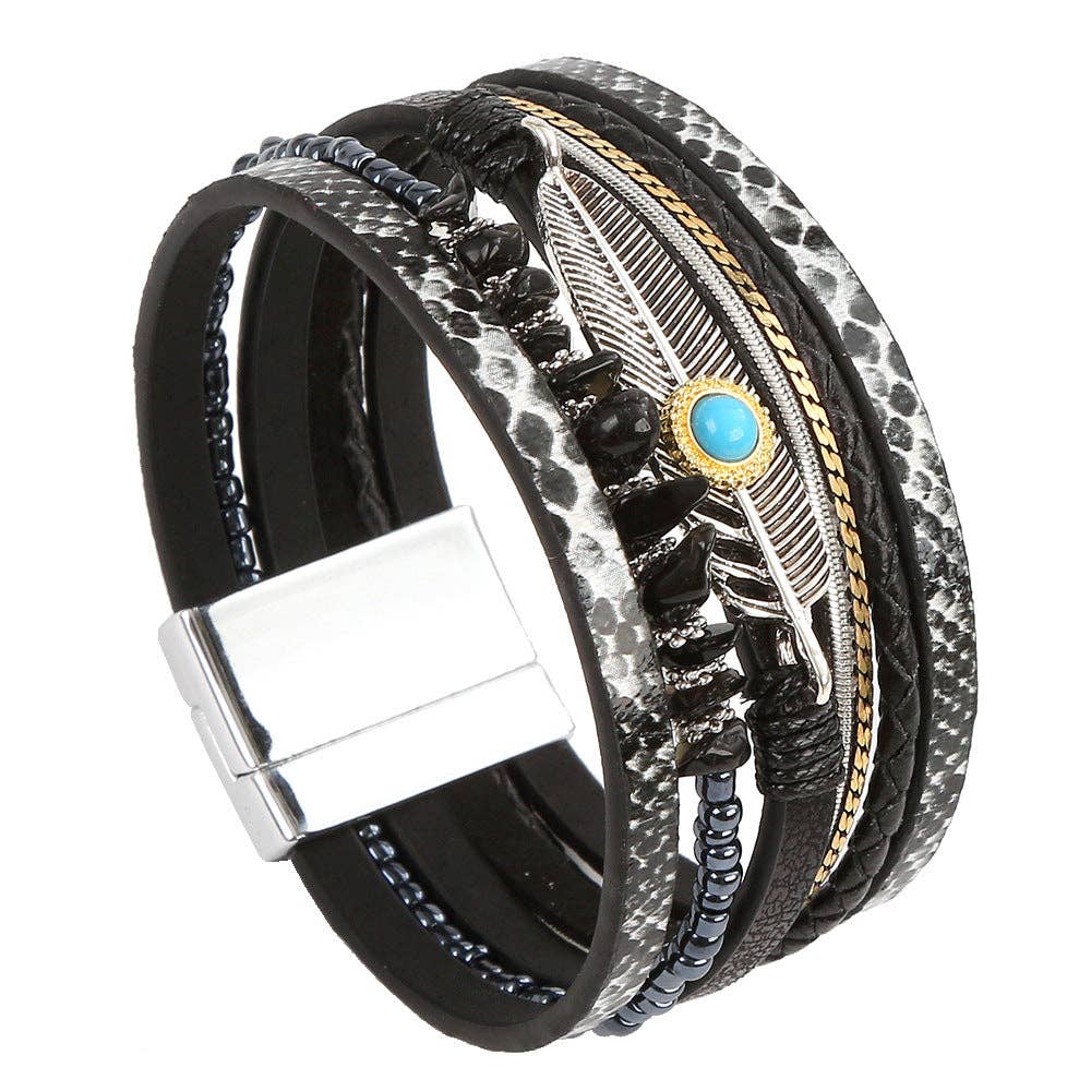 Mio Queena - Wholesale Bangle Bracelet - Metal Feather Charm Gravel Woven Leather Bracelet - BJ/LB2