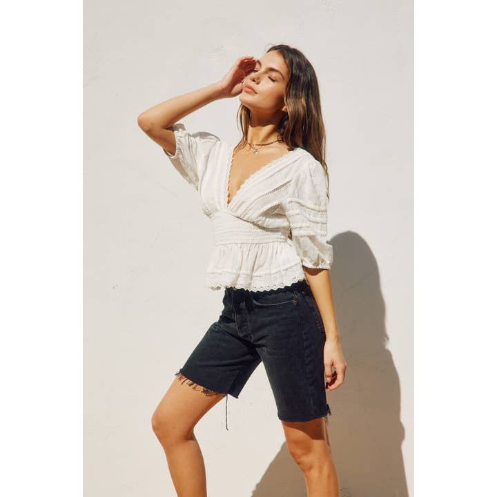 Dress Forum - Wholesale Blouse - Women's - Lacy Cotton Jacquard Smocked Waist Peplum Top