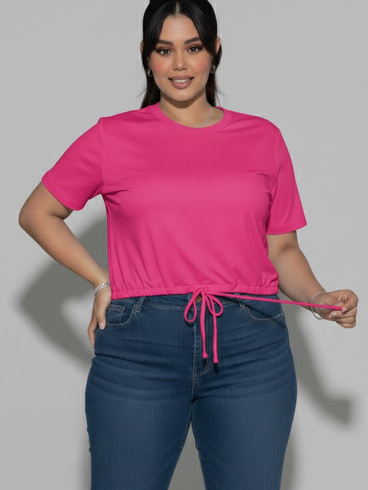 Plus Size Tie Front Drawstring Short Sleeve Crop Top for wholesale by CAPELLA APPAREL