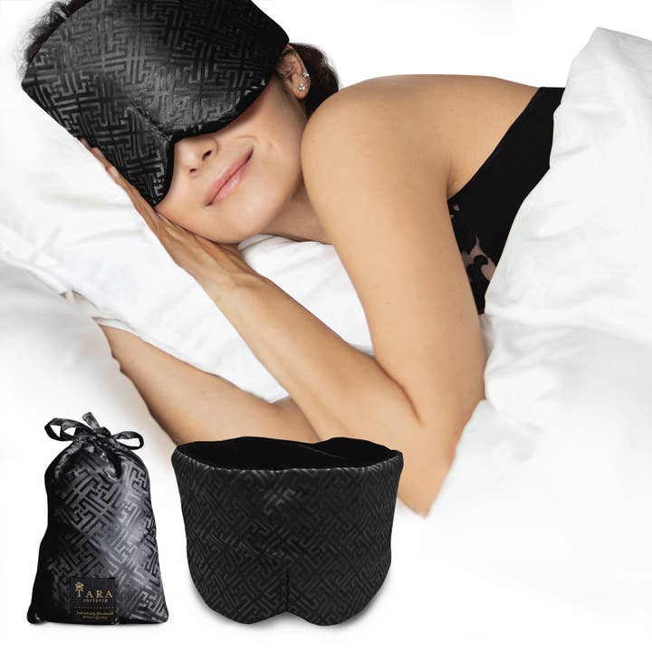 Tara Sartoria Artisan Håndlavet Luksus Wrap Around Silk Sleep Mask, Håndlavet Silke Mask, Øjenmaske til Sleeping, 27 Momme Naturlig Mulberry Silke i Sort for engroshandel hos Tara Sartoria