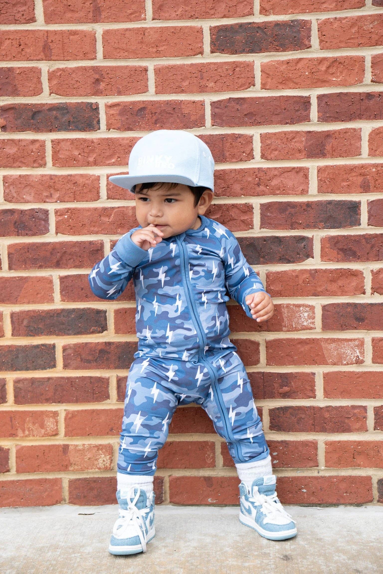 Lucky Panda Kids - Wholesale Jumpsuit - Baby - Bamboo Zip Romper | Blue Camo Bolts8