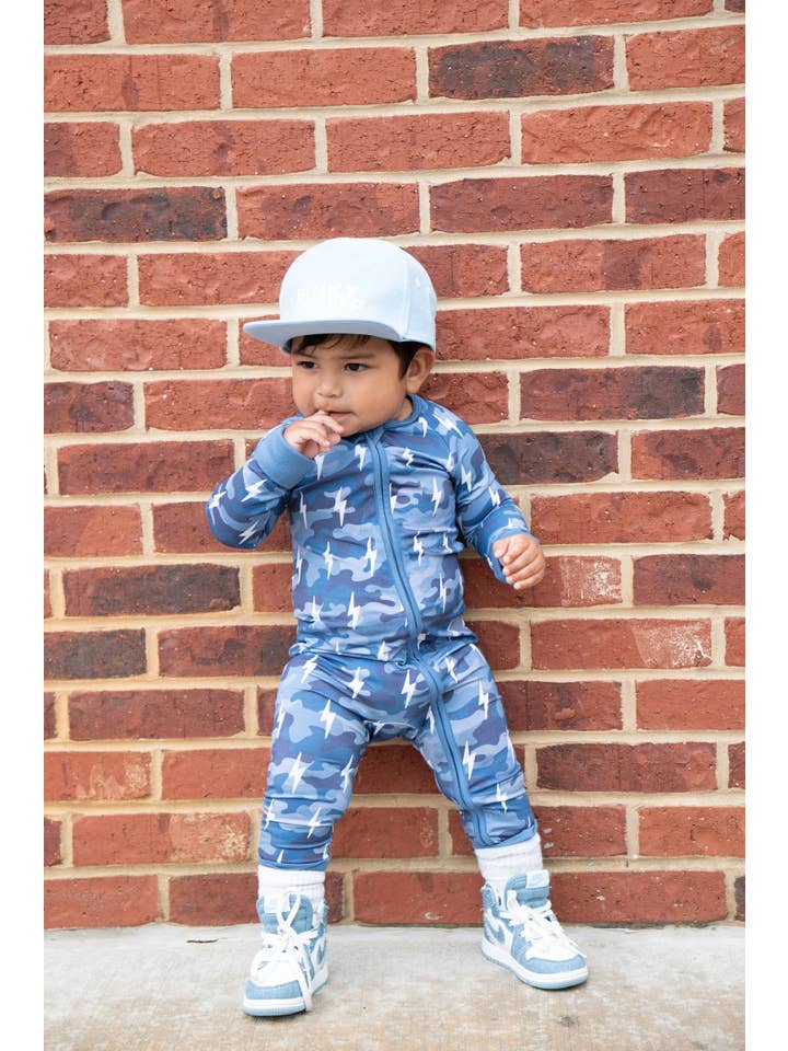 Lucky Panda Kids - Wholesale Jumpsuit - Baby - Bamboo Zip Romper | Blue Camo Bolts8