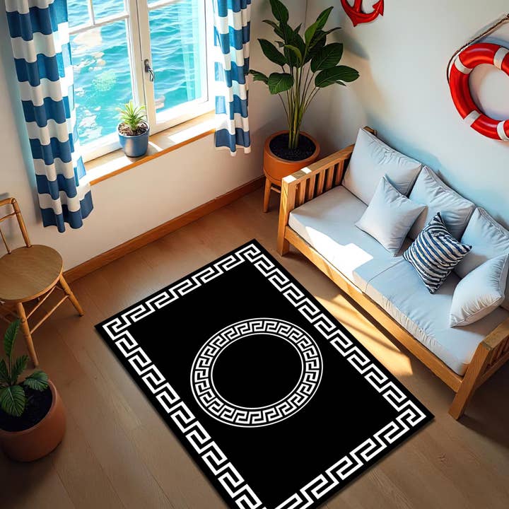 Griechischer Schlüssel Teppich: Schwarz-weiße geometrische Randdekoration für den Großhandel von Rugendary Trade LLC