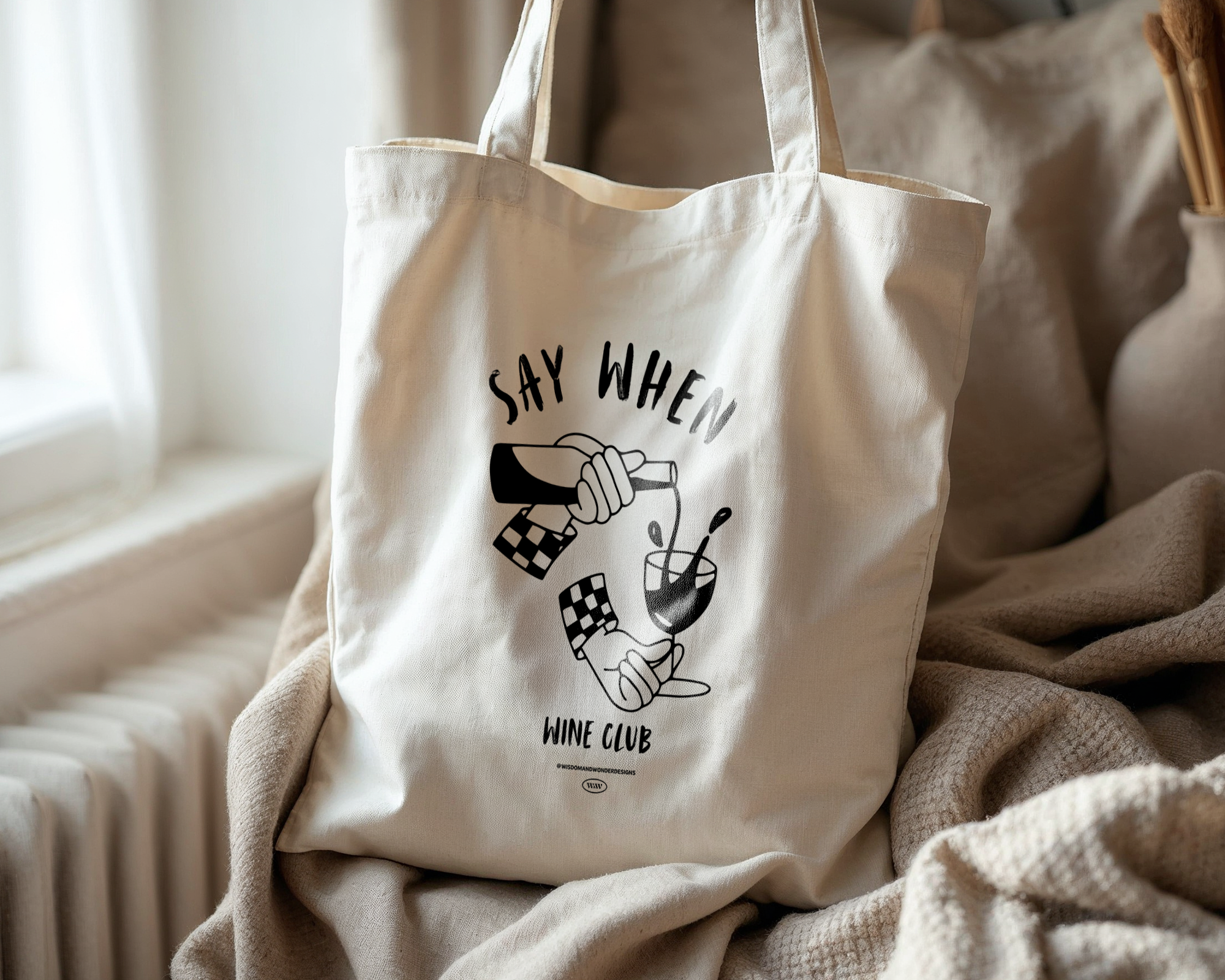 Say When Wine Club | Natural & Black | Organic Cotton Tote Bag for wholesale on Faire1