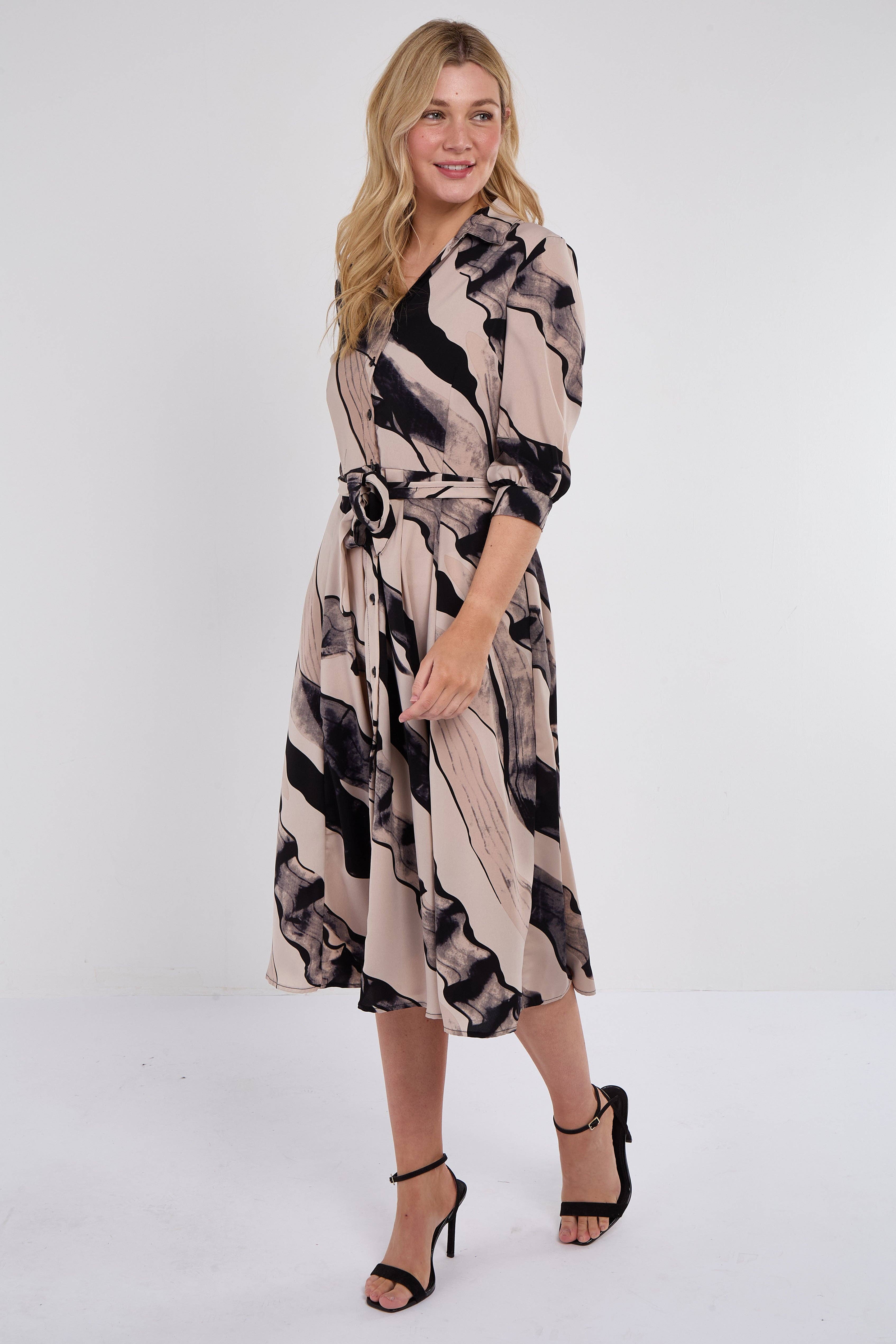 beige Abito camicia midi nero a mezza manica con stampa astratta beige in vendita all'ingrosso su Faire3