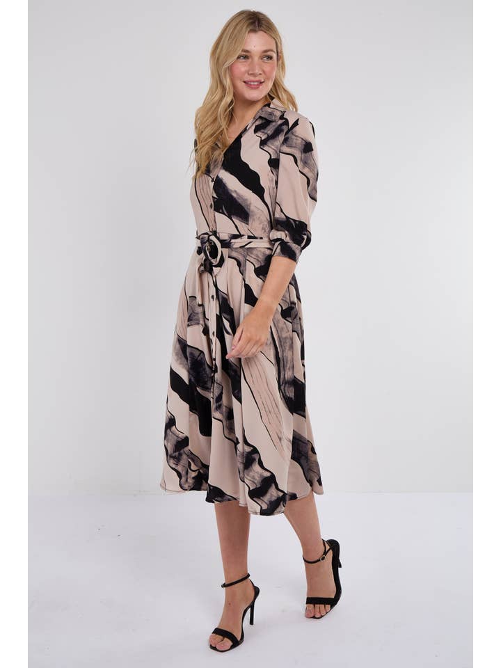 bege Vestido-camisa midi preto com meia manga e estampa abstrata bege para venda a revendedores na Faire3