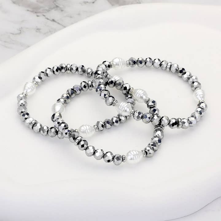 Sensibling Corp. - Wholesale Beaded Bracelet - 3PCS - Pearl Faceted Beaded Stretch Multi Layered Bracelets5