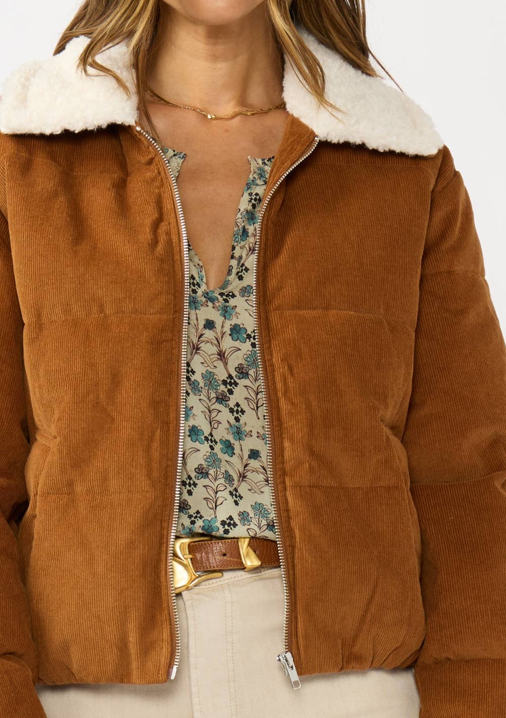 CAMEL Corduroy Puffer Jacket with Sherpa Collar for wholesale on Faire3