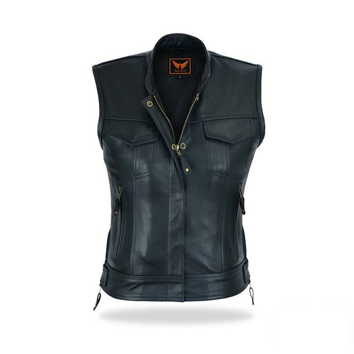 Gilet de moto pour femmes Vixen en cuir de vachette pleine fleur pour la vente par Tackfield