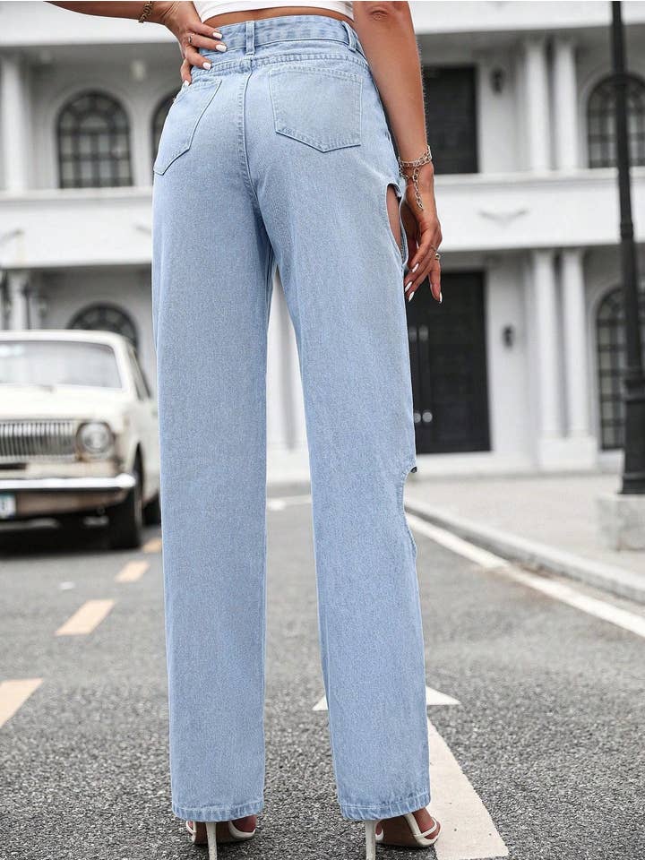 Azul Jeans retro andrajosos vaqueros de cintura alta y pernera ancha para mujer de venta al por mayor en Faire2