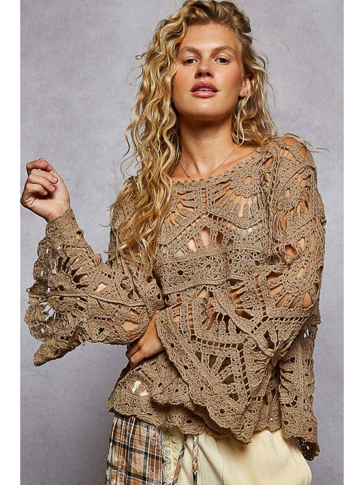 Pol Clothing - Wholesale Knit Top - Women's - Round Neck 3/4 Sleeve Crochet Cropped Top12