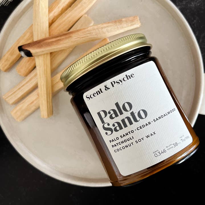Palo Santo Scented Candle - 7oz Amber Jar for wholesale by Scent & Psyche