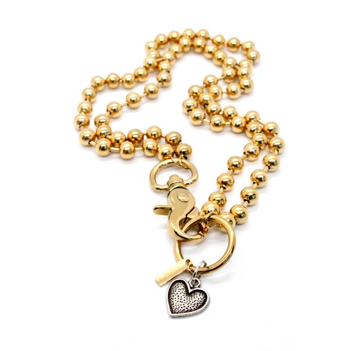 Collier chaîne à billes convertible court ou long avec petit cœur en argent - N2-505GD pour la vente par LIZOU