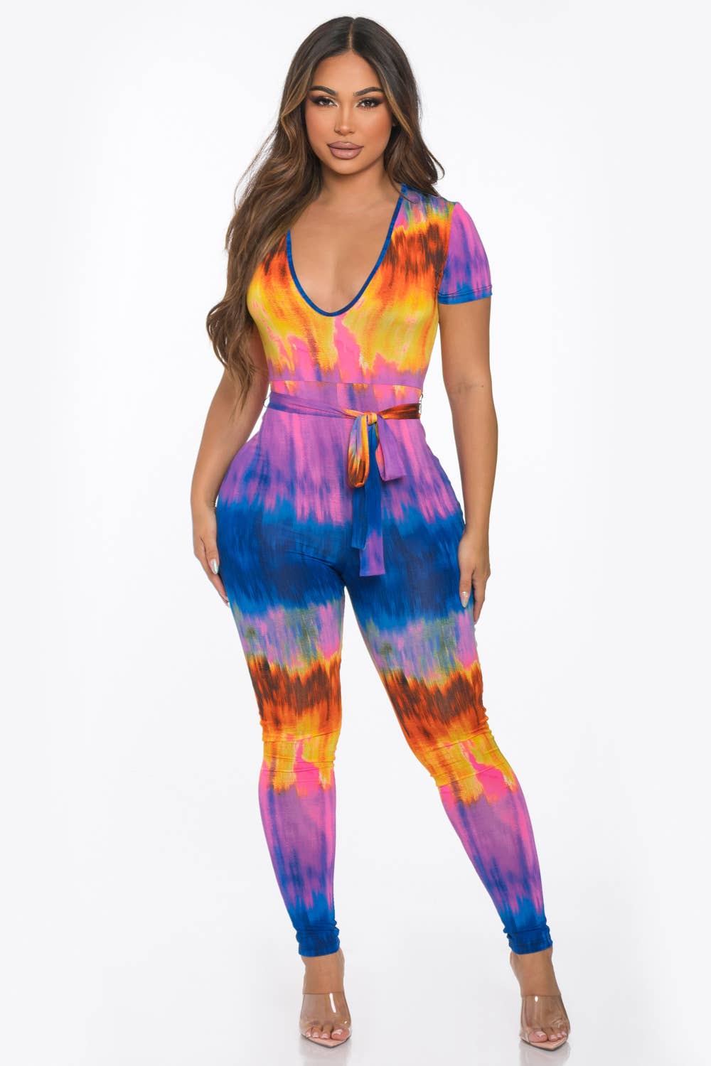 ROYAL PINK J7396 V Neck Belted Jumpsuit for wholesale on Faire3