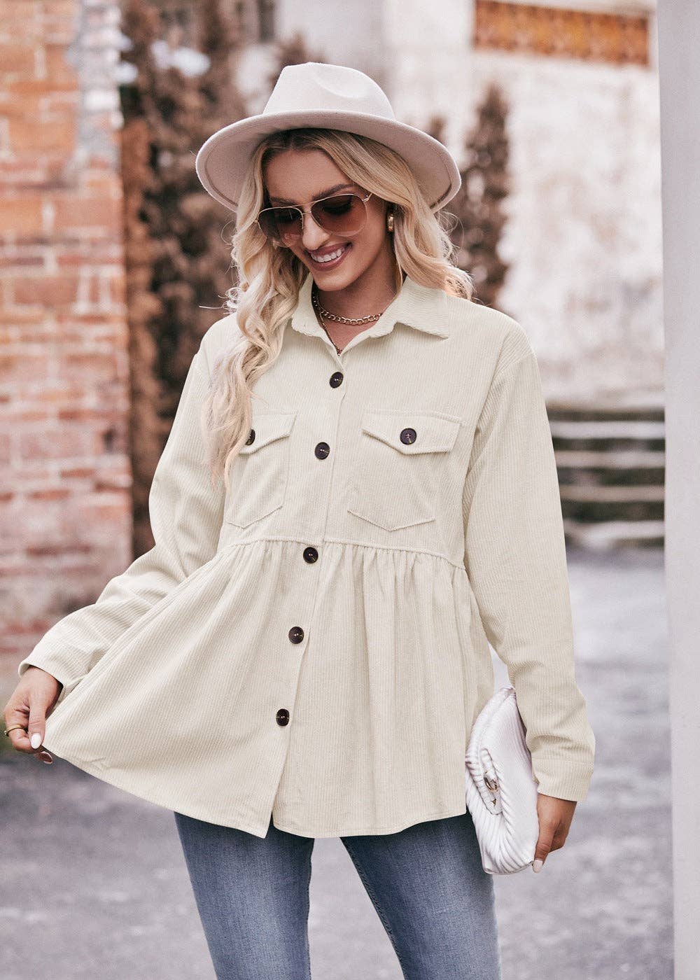 Suhkasana - Vendita all'ingrosso Camicia button down - Donna - Camicia Babydoll in Velluto a Coste Casual Top Ispirato al Vintage7