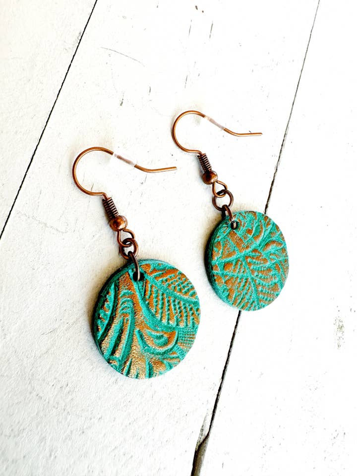 Metallic Copper on Teal Green Leather Sphere Earrings for wholesale by Boho By Design