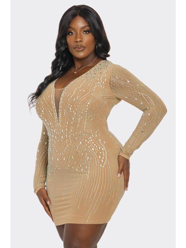 Desnudo Vestido ajustado con adornos de pedrería talla grande BCCDS63053 de venta al por mayor en Faire2