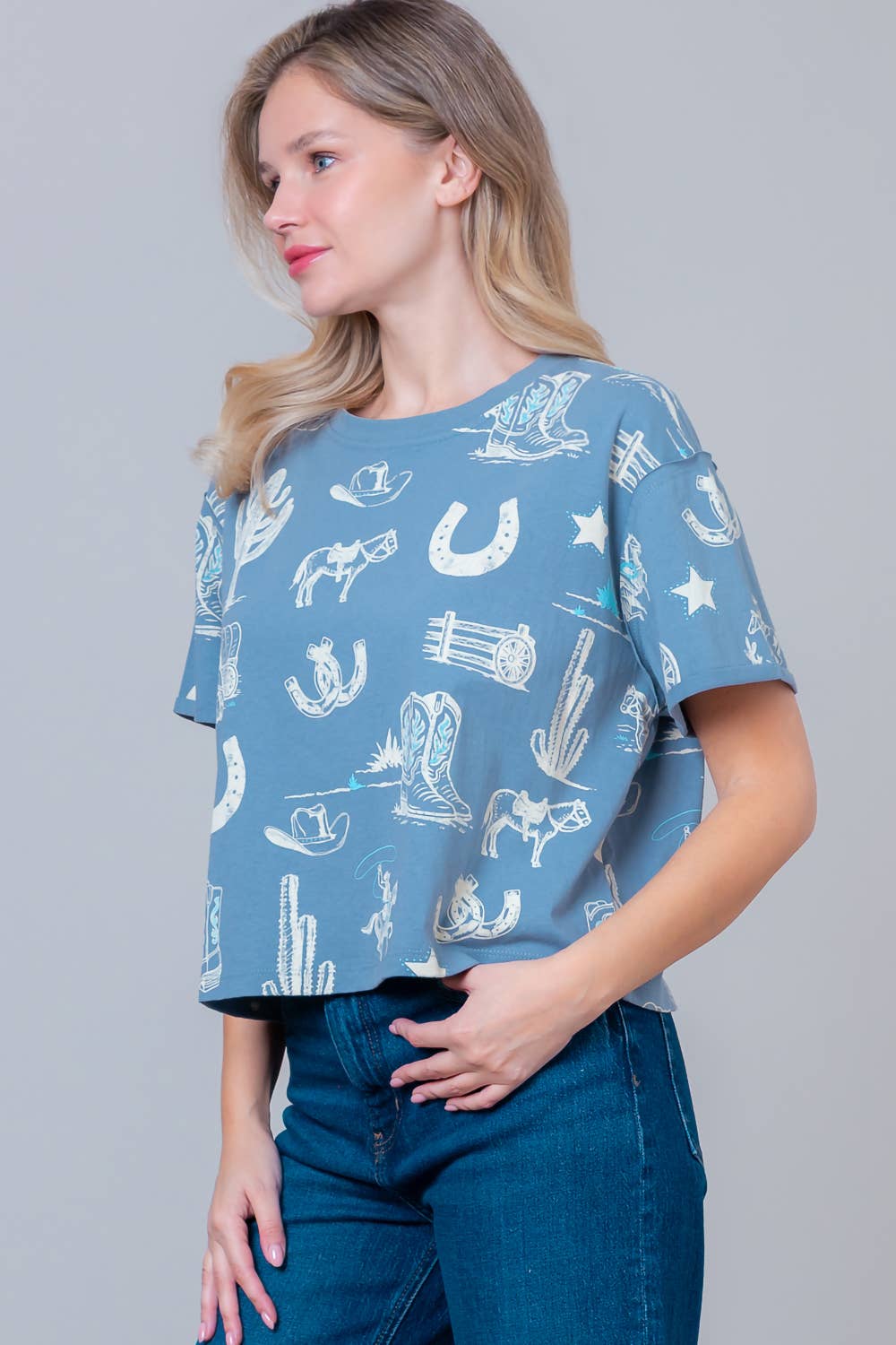 Taelynn - Wholesale T-Shirt - Women's - HT28781T-WESTERN PRINTED SHORT SLV ROUND NECK T-SHIRT22