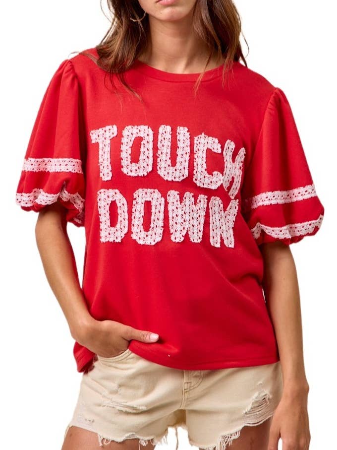 Gameday Theme Sleeve Top With Touch Down Patchwork for wholesale by Vanilla Monkey