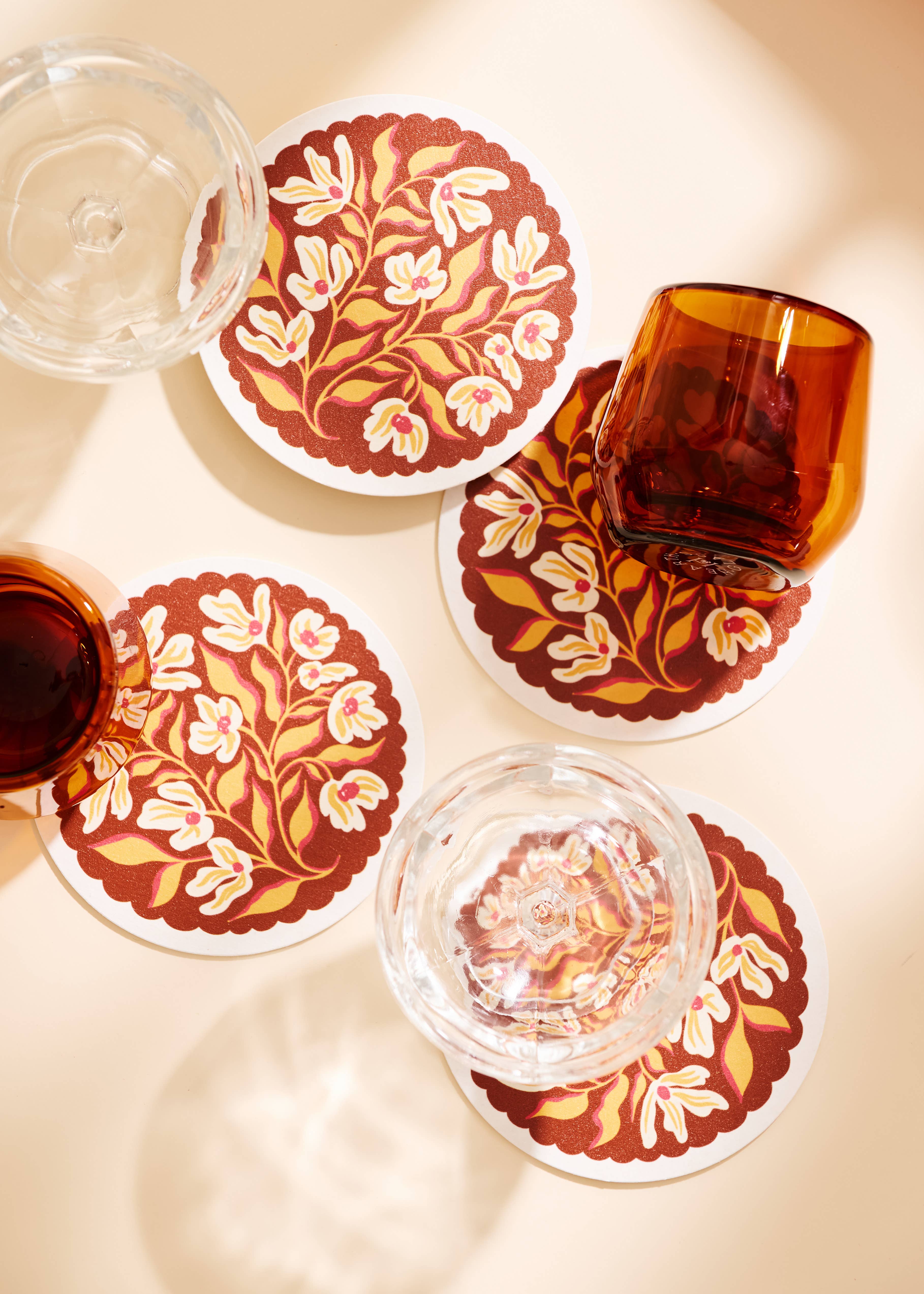 One & Only Paper – wholesale Coasters – Pumpkin Spice Floral Scalloped Coasters | Set of Four4
