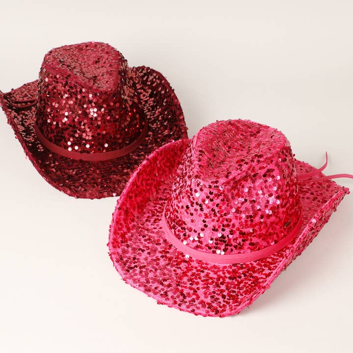 Chapeau de cowboy en maille à paillettes pour femmes avec ficelle en daim pour la vente par Fashion City