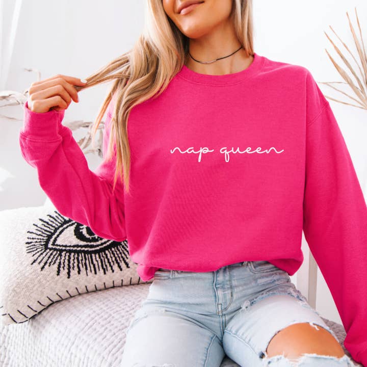 Nap Queen Pink Crew Sweatshirt, White Print for wholesale by Hunter Kouture