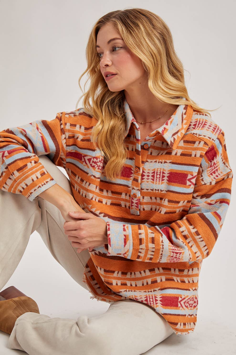 Bluivy - Vendita all'ingrosso Giacca a camicia - Donna - MAGLIONE PULLOVER CON STAMPA GEOMETRICA OCCIDENTALE E MEZZA ABBOTTONATURA18