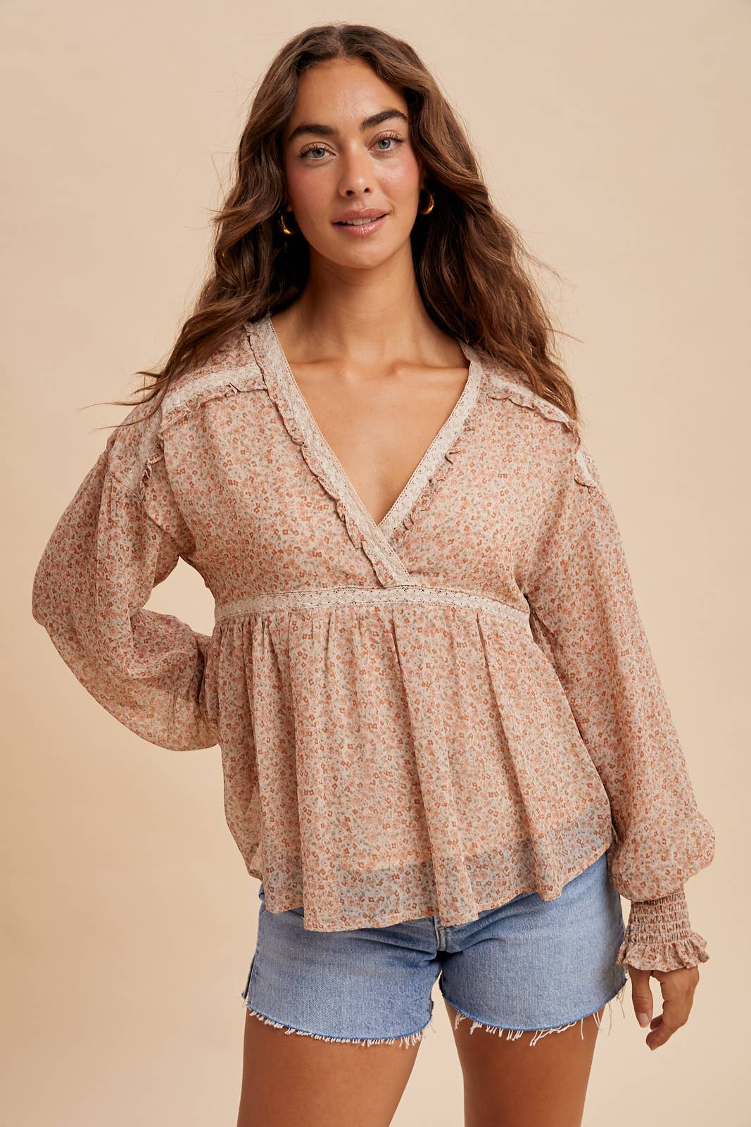 In Loom - Wholesale Blouse - Women's - LACE INSET FLORAL CHIFFON V NECK BLOUSE0