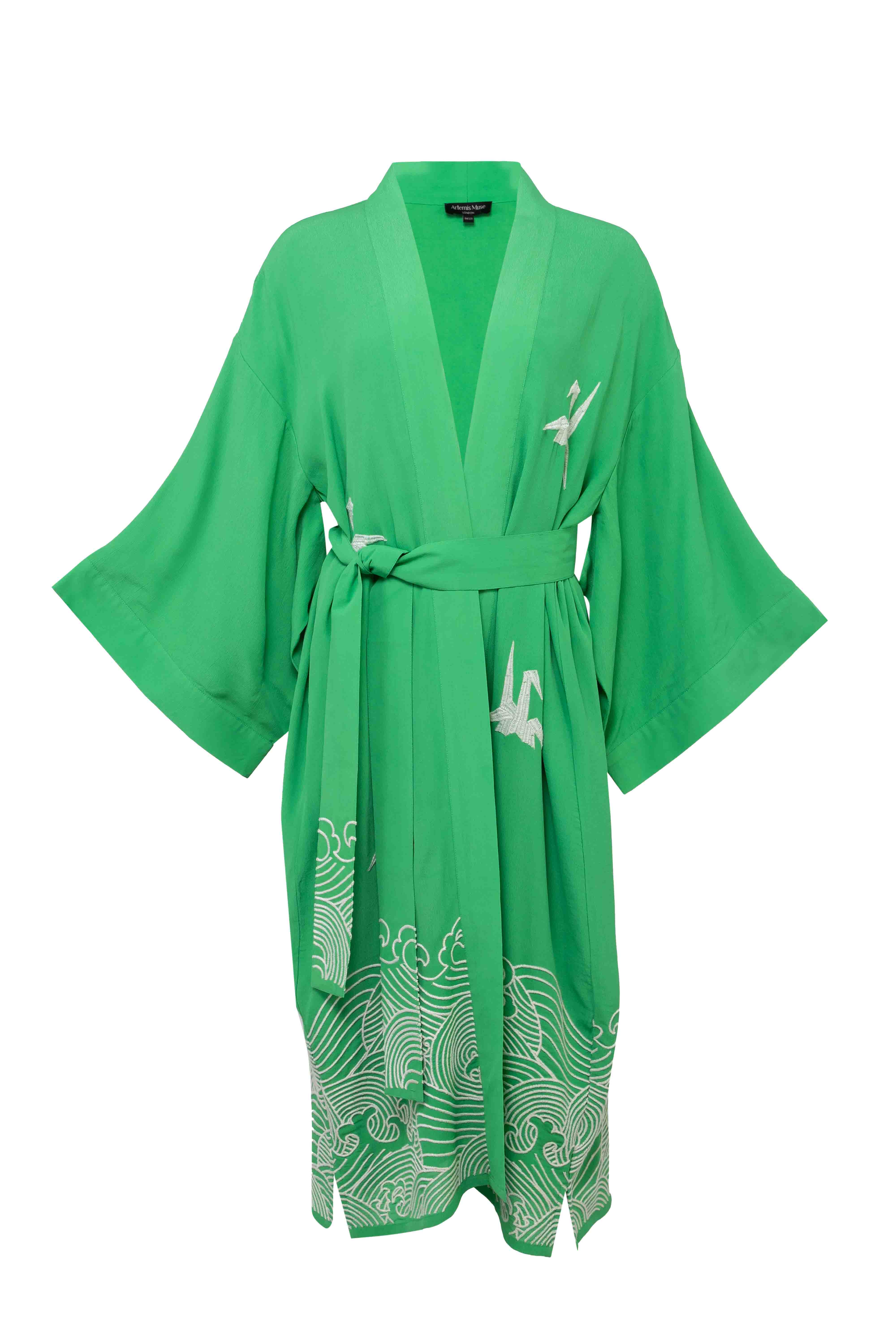 Artemis Muse – wholesale Kimono – Women's – Origami and Hokusai Wave Embroidered Fully Lined Island Green Long Kimono7