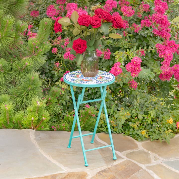 Zaer Ltd. International - Wholesale Plant Pot Stand - "Baton Rouge" 23in Tall Mosaic Folding Plant Stand - Teal