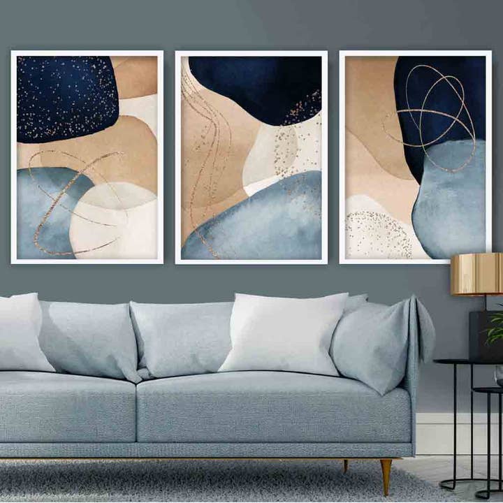Set of 3 Abstract Art Prints Navy, Blue Beige and Gold for wholesale by Artze Wall Art