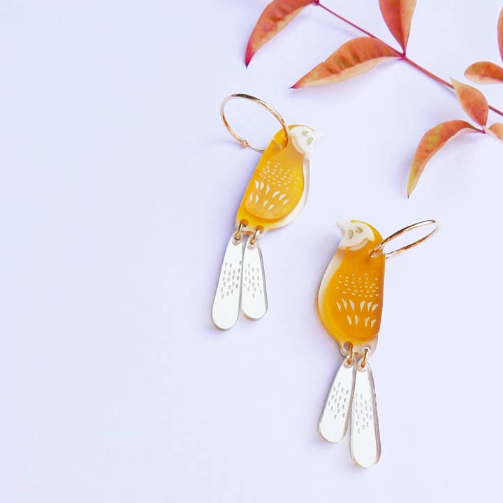 Long dangling Nightingale earrings, handmade little birds for wholesale by BiCA-Good Morning Design
